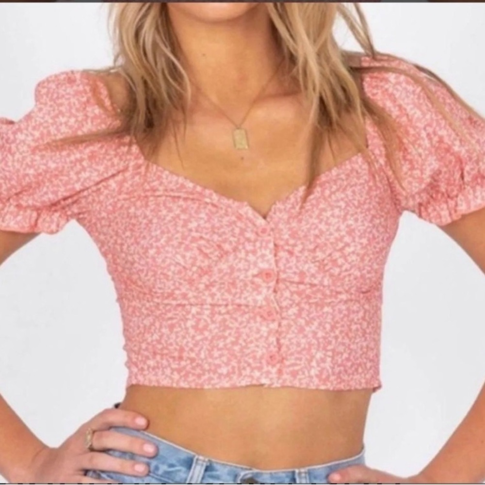 Princess Poll  Pink Floral Puff Sleeve Cropped Top Button Front size 4